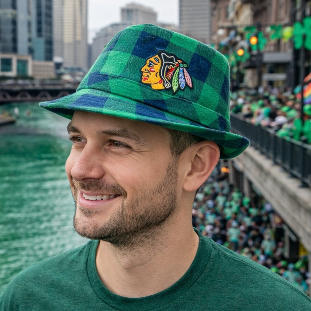Chicago Blackhawks St. Patrick's Day Green Plaid Fedora Hat Unisex Adult NHL